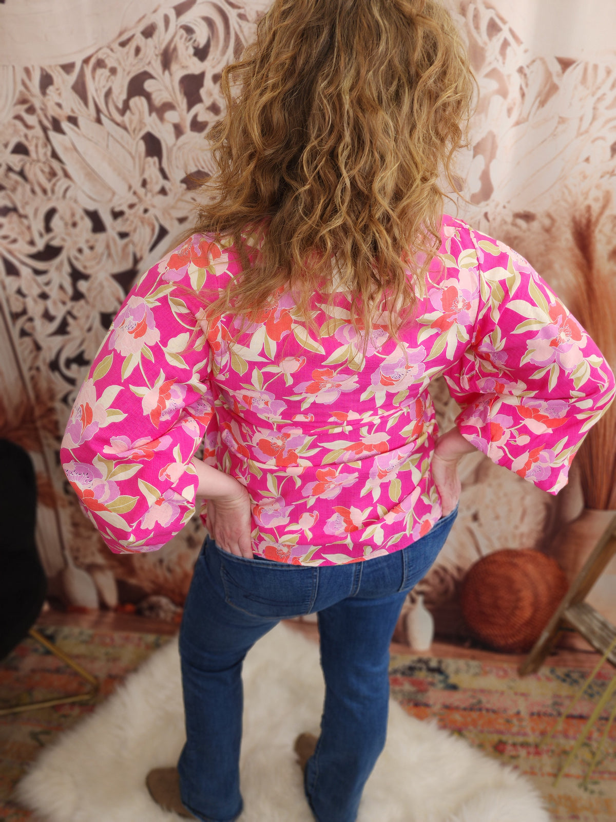 V-Neck Balloon Sleeve Floral Print Woven Blouse Top Blouse : Pink * on sale