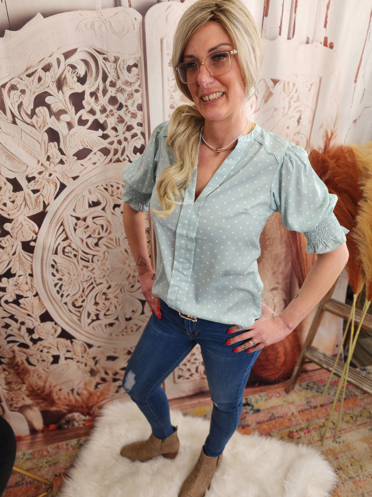 Neckband V Neck Dot Print Woven Blouse Blouse