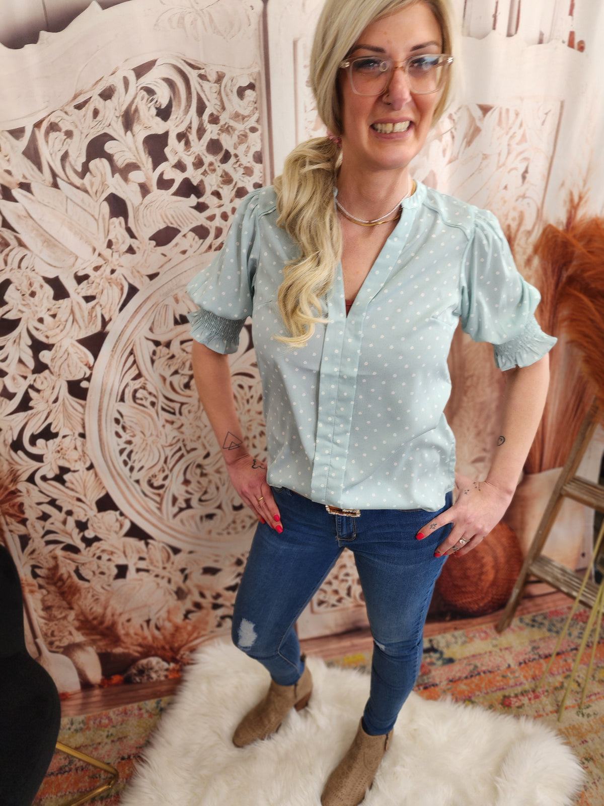 Neckband V Neck Dot Print Woven Blouse Blouse