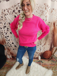 Crew Neck Cable Fringe Detail Knitted Sweater Top Pink