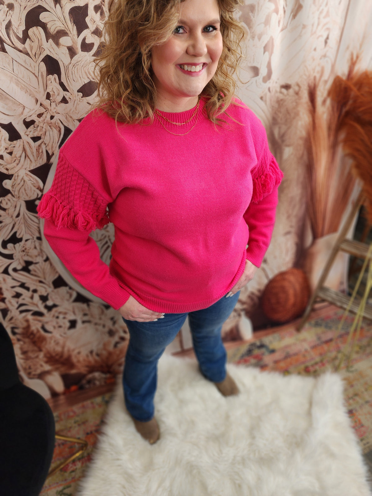 Crew Neck Cable Fringe Detail Knitted Sweater Top Pink