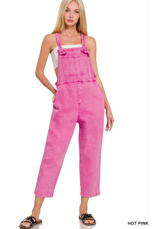 Washed Strap Knot Jean Overalls Jumper / Romper Pink * on sale