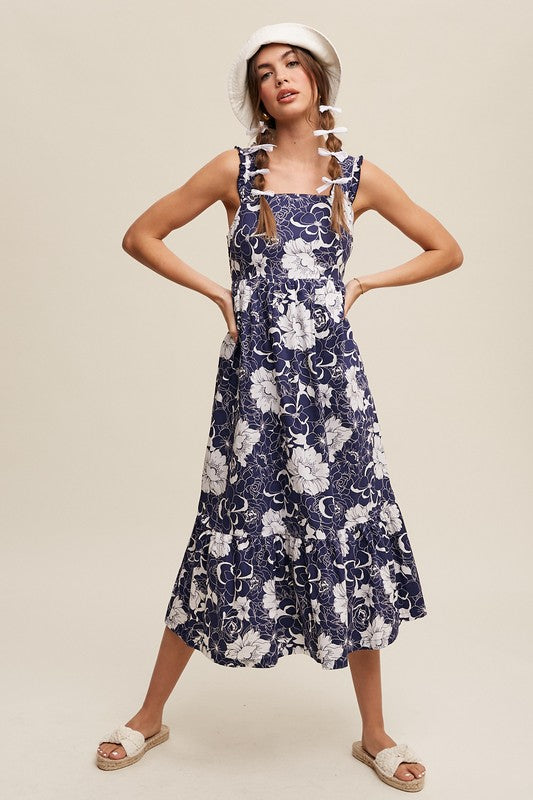 Navy Floral V-neck smocked back midi dress