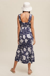 Navy Floral V-neck smocked back midi dress