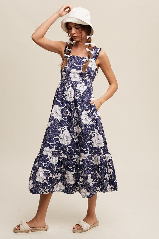 Navy Floral V-neck smocked back midi dress