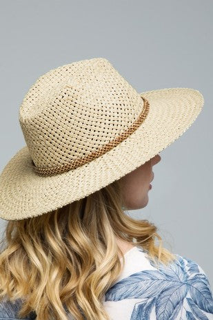 Cream panama hat with faux leather woven band * on sale