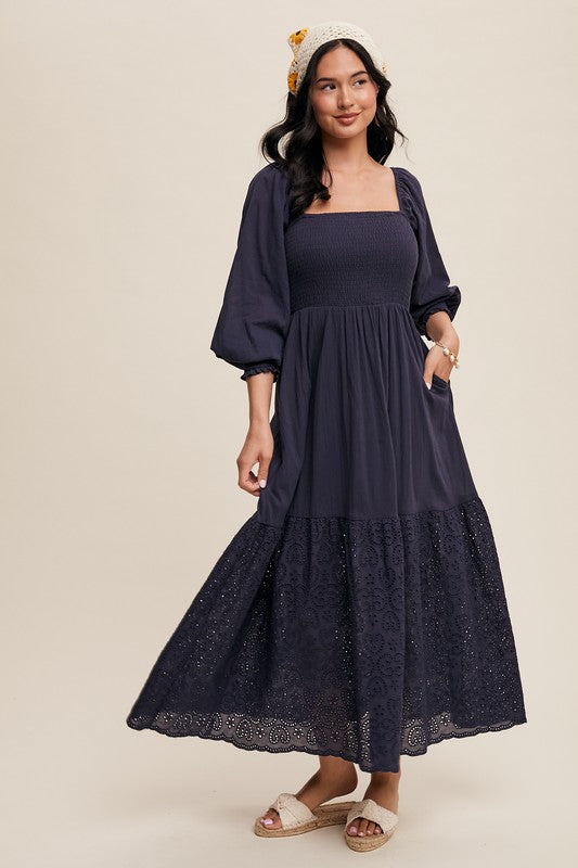 Navy sqaure neck smocked midi dress * on sale