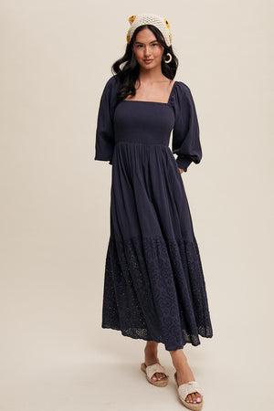 Navy sqaure neck smocked midi dress * on sale