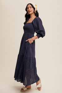 Navy sqaure neck smocked midi dress * on sale