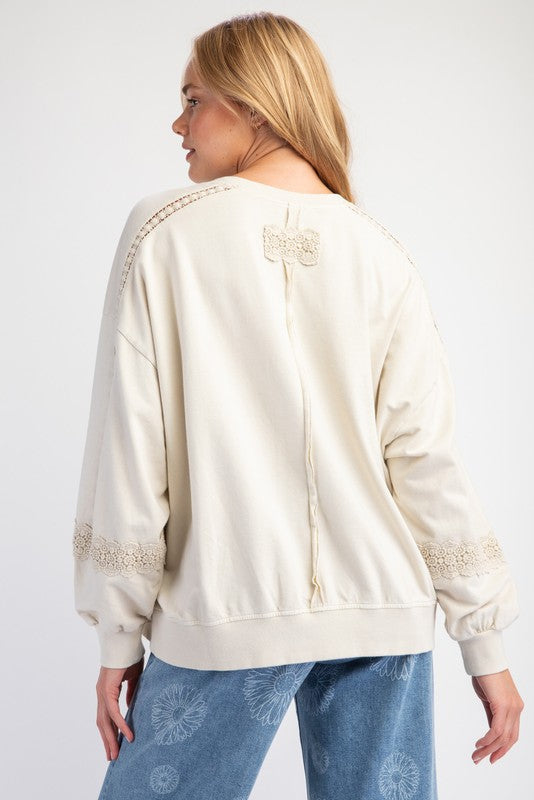 Ecru Raglan Lace Crochet Vintage Washed Long Sleeve * on sale