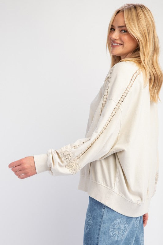 Ecru Raglan Lace Crochet Vintage Washed Long Sleeve * on sale