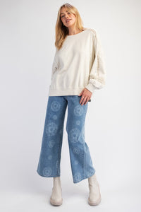 Ecru Raglan Lace Crochet Vintage Washed Long Sleeve * on sale