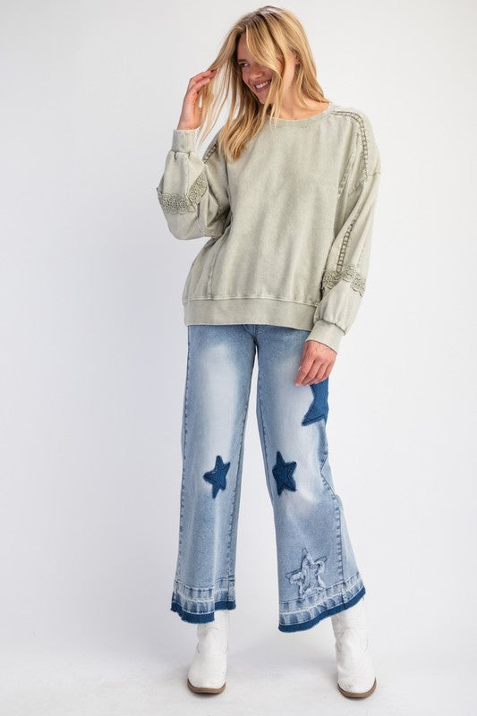 Sage Raglan Lace Crochet Vintage Washed Long Sleeve