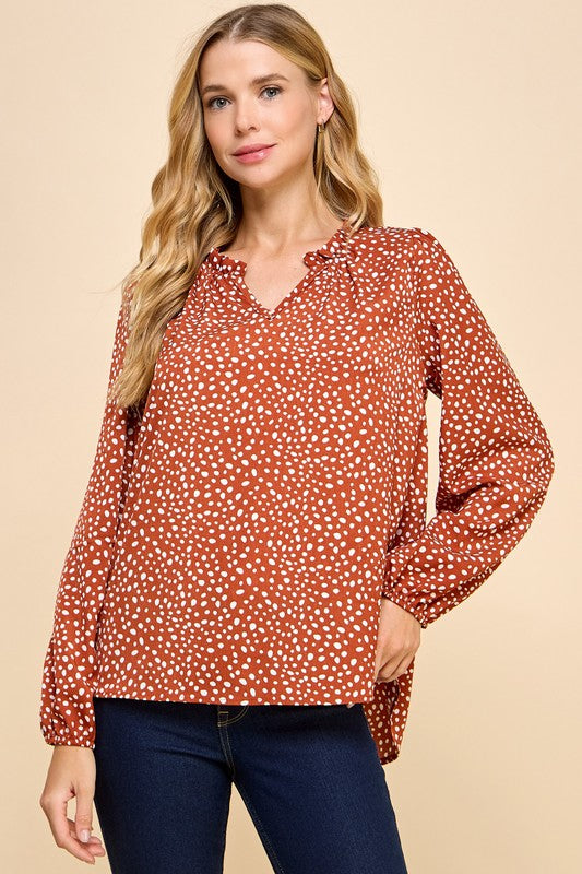 Rust Long Sleeve V Neck Blouse *