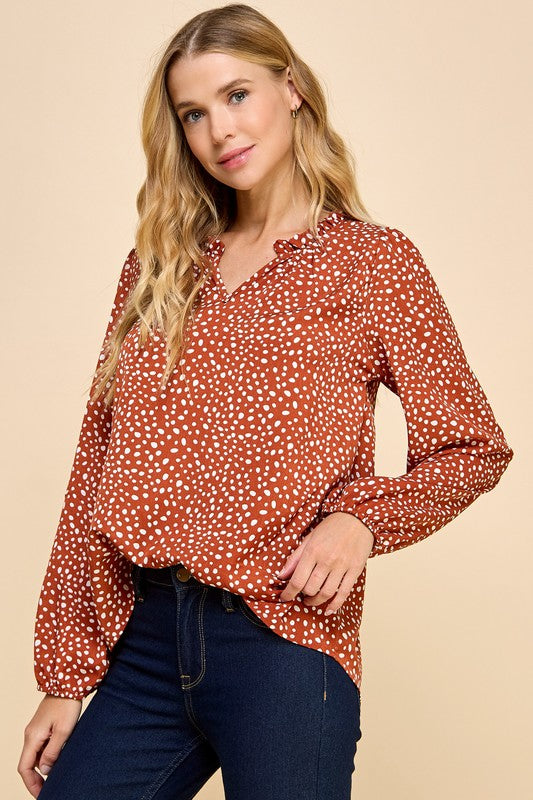 Rust Long Sleeve V Neck Blouse *