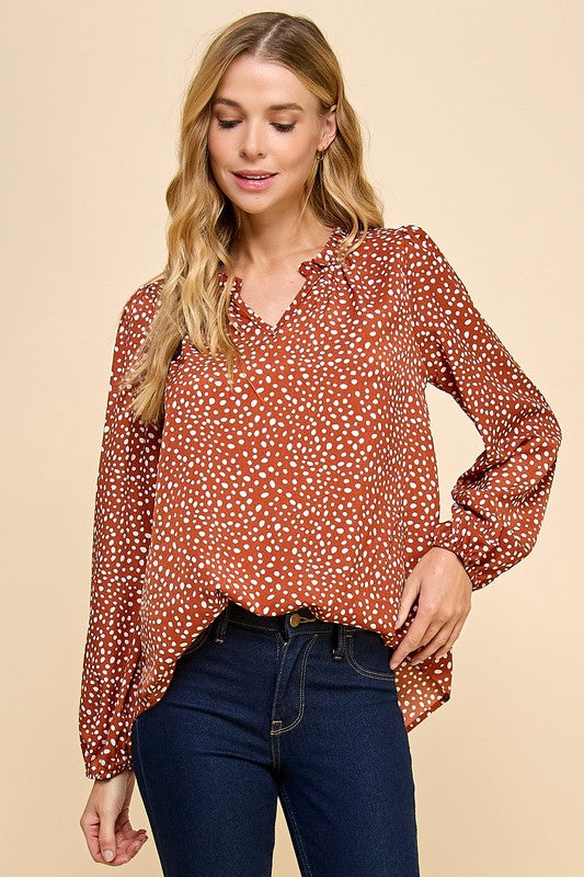 Rust Long Sleeve V Neck Blouse *