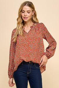 Rust Long Sleeve V Neck Blouse *