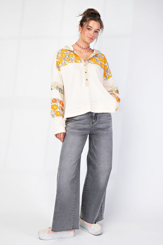 Boho Floral Patch Block long sleeve hoodie by Easel * on sale