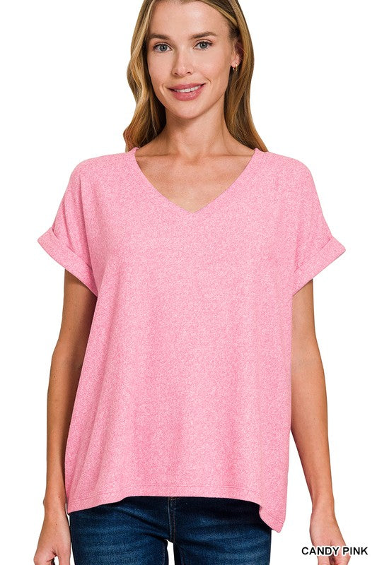 Melange Soft Hacci V-Neck Blouse pink * on sale