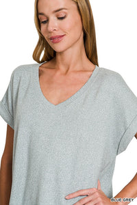 Melange Soft Hacci V-Neck Blouse blue grey