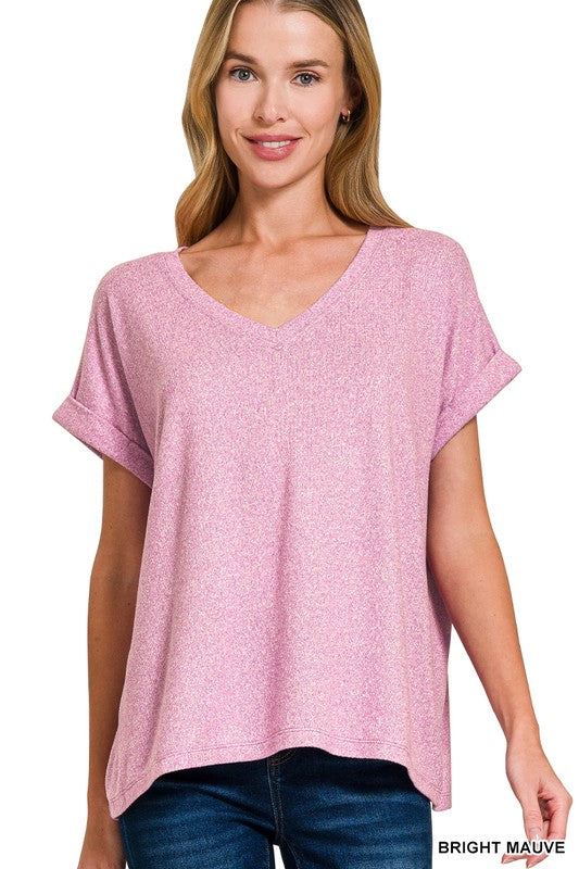 Melange Soft Hacci V-Neck Blouse mauve