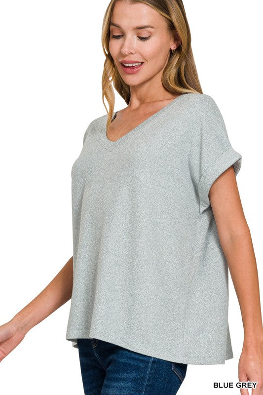 Melange Soft Hacci V-Neck Blouse blue grey