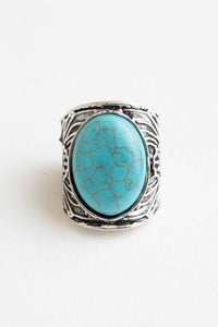 Round Turquoise Stone Floral Engraved Silver Ring * on sale