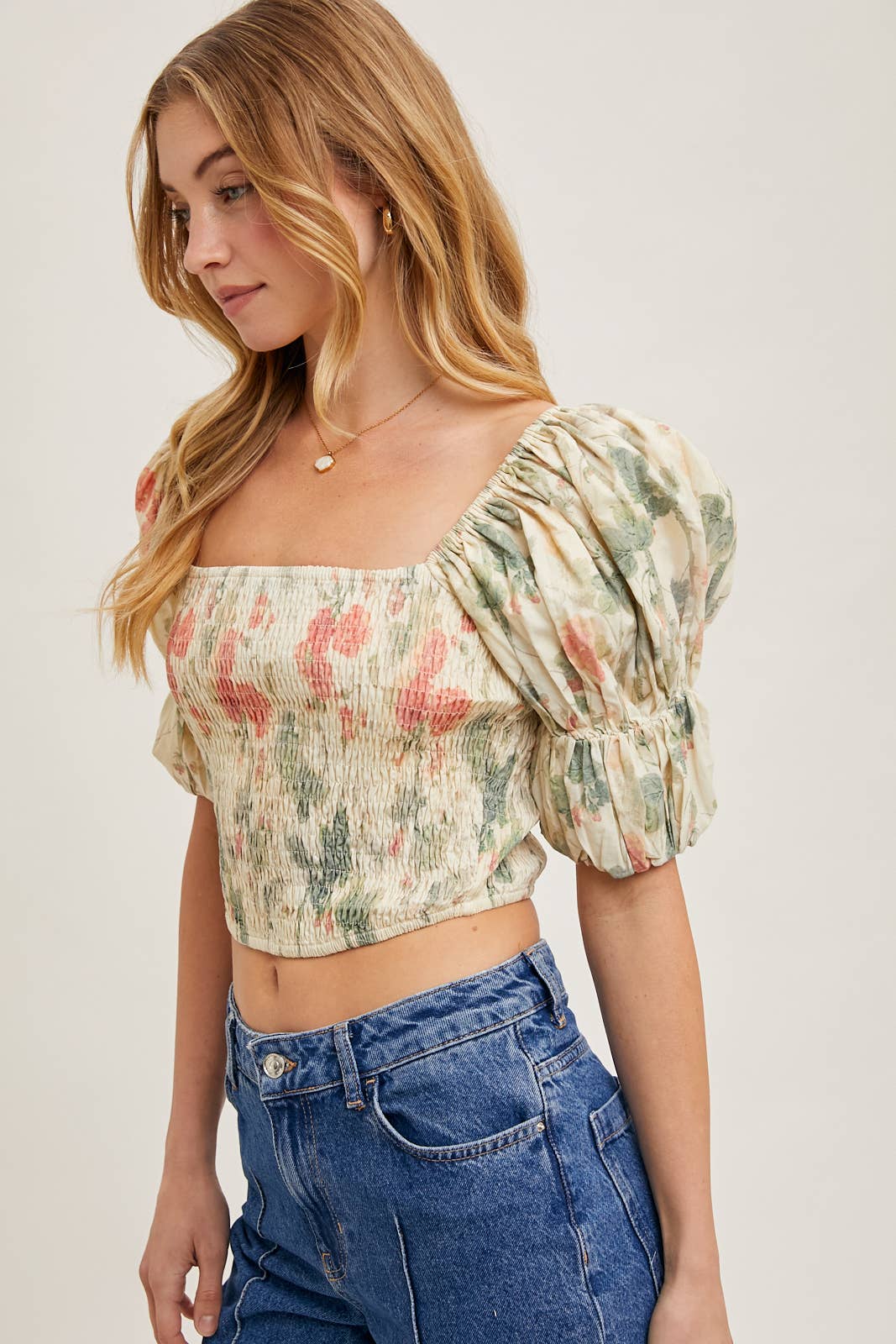FLORAL PRINT SMOCKED PUFF SLEEVE CROSET TOP BLOUSE : VANILLA * on sale