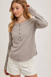 CROCHET PATCH SLEEVED HALF BUTTON ROUND NECK TOP: MUSHROOM