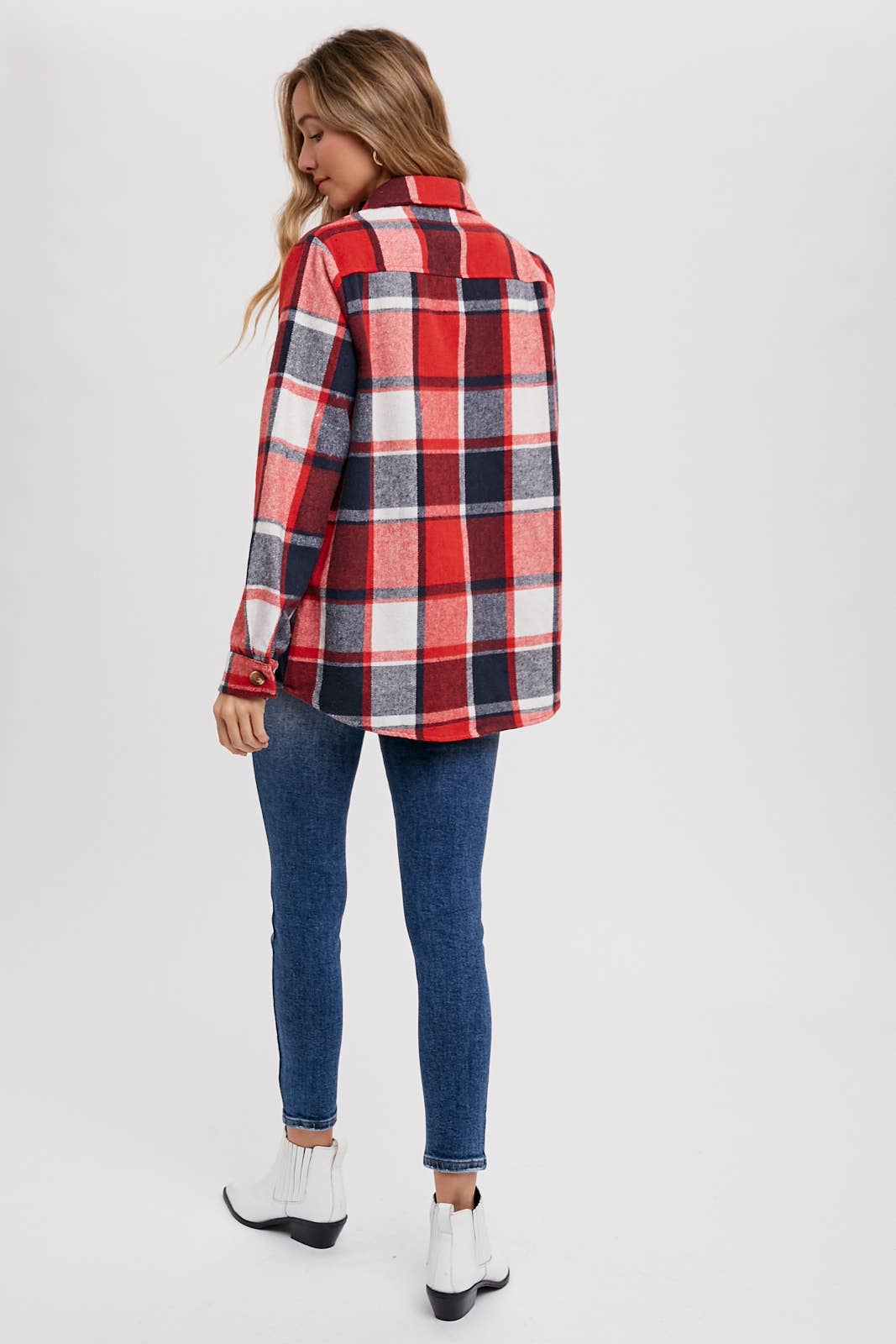 FLANNEL PLAID SHACKET / JACKET WITH POCKETS : RED PLAID