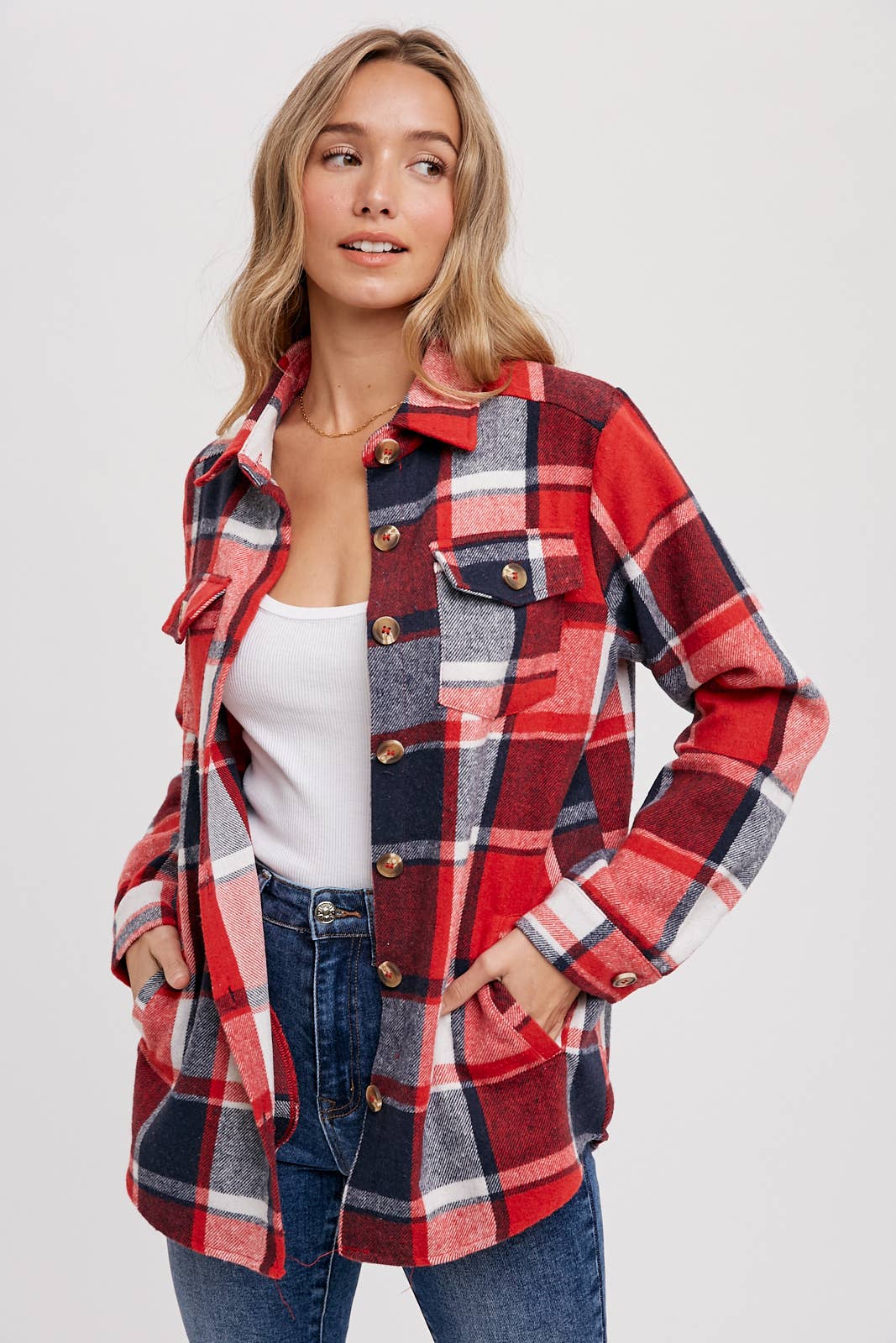 FLANNEL PLAID SHACKET / JACKET WITH POCKETS : RED PLAID