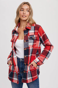 FLANNEL PLAID SHACKET / JACKET WITH POCKETS : RED PLAID