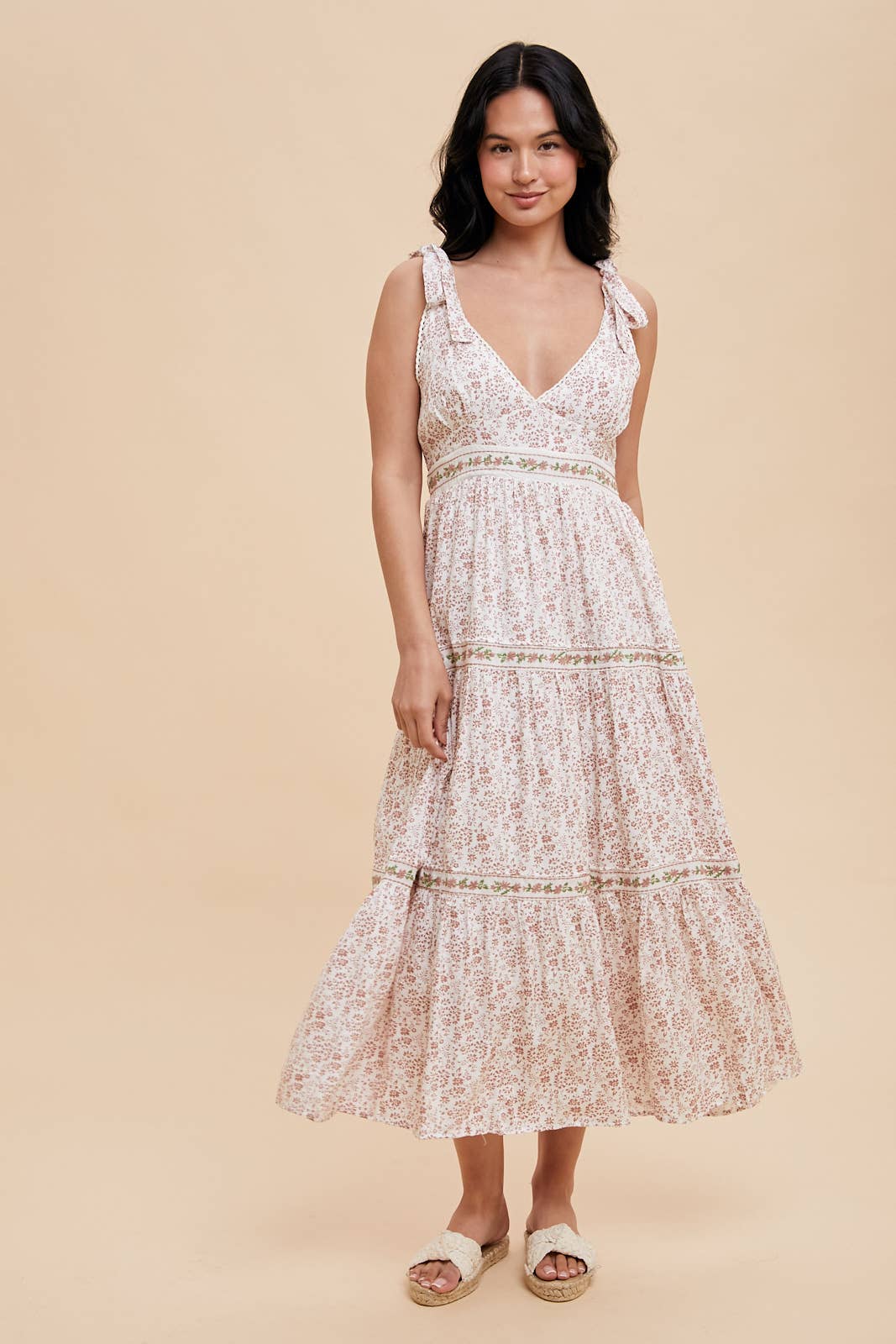 TIERED TIE STRAP MIDI DRESS: MAUVE