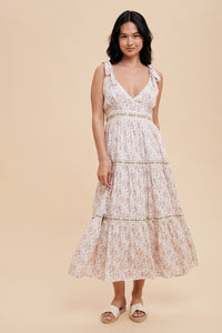TIERED TIE STRAP MIDI DRESS: MAUVE