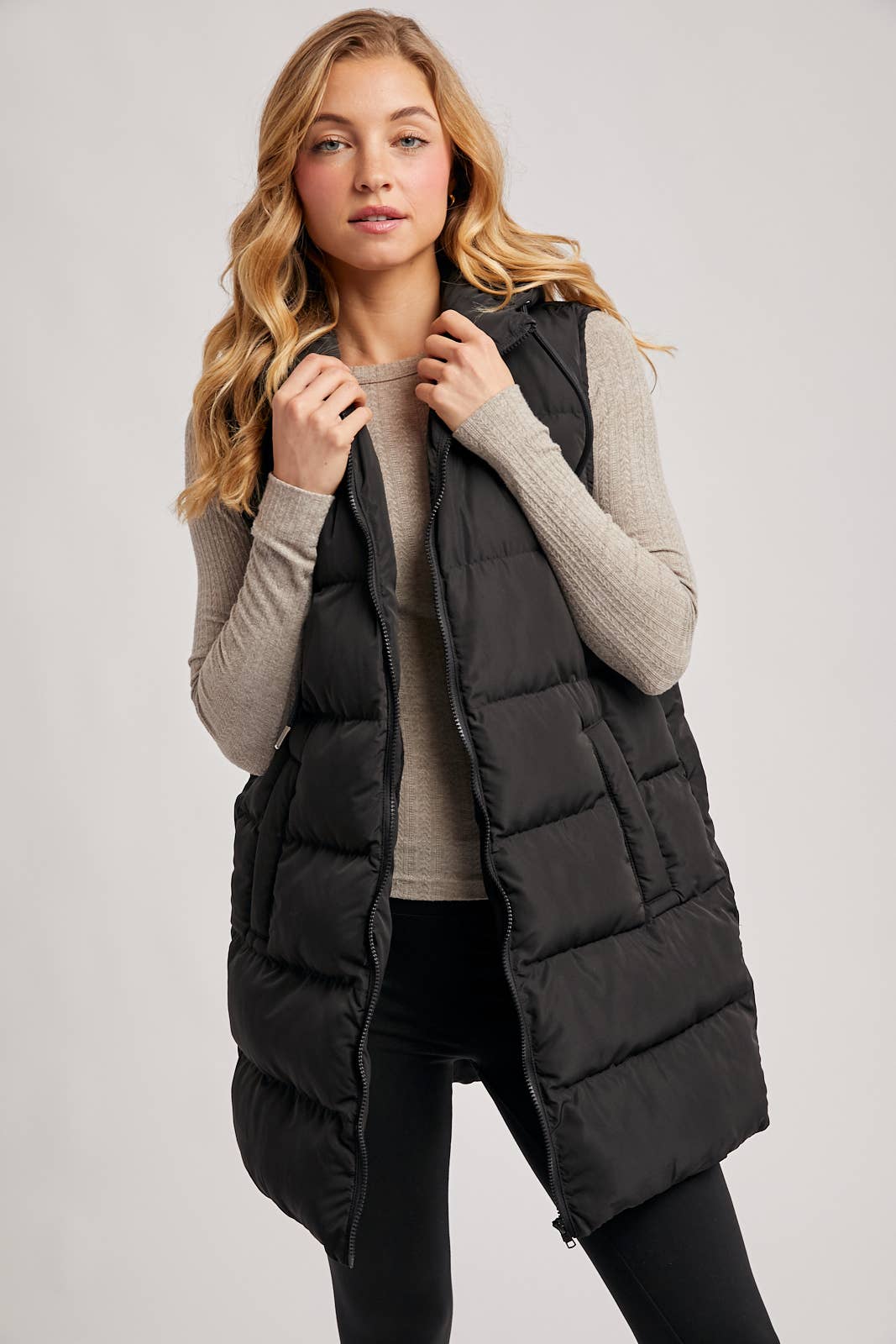HOODED ZIPPER DOWN LONGLINE PUFFER VEST: Black