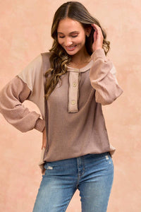 Amalias rib long sleeves top: CHOCO/TAUPE/PEANUT