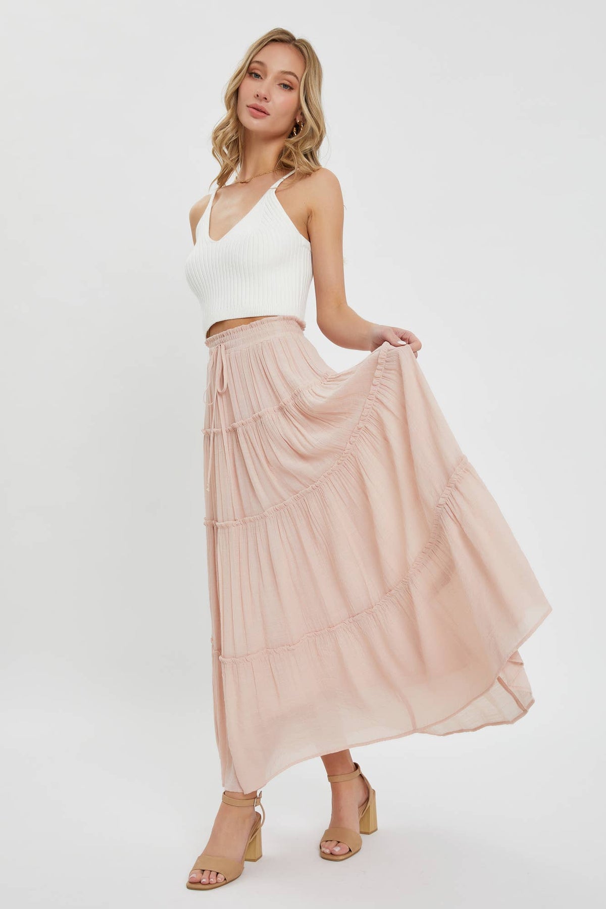 TIERED MAXI SKIRT: NUDE BLUSH