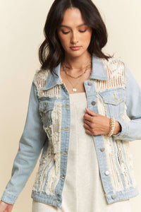 FRAYED LACE PANEL DENIM JACKET: Light Denim