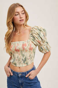 FLORAL PRINT SMOCKED PUFF SLEEVE CROSET TOP BLOUSE : VANILLA * on sale