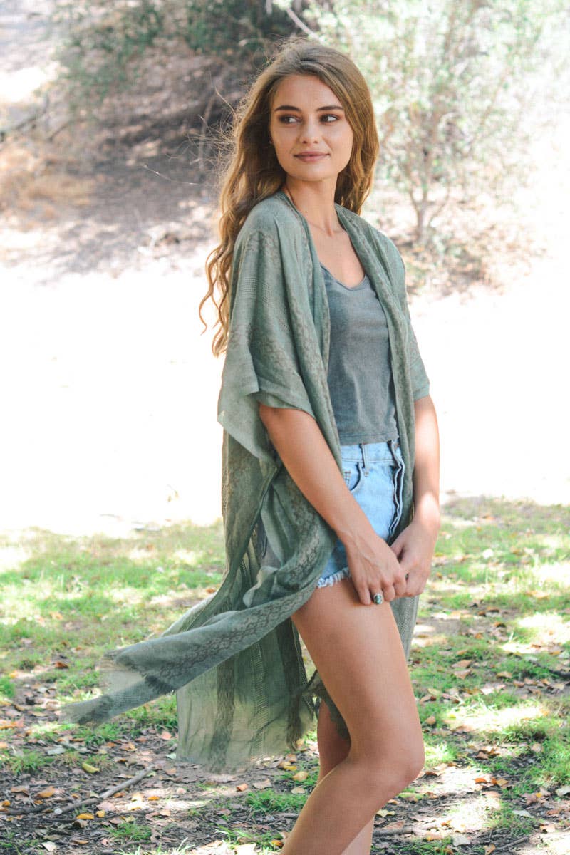 Woven Longline Tribal Kimono - Colorblock Design: Sage