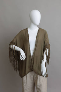 Festival-Ready Crochet Back Tasseled Kimono Jacket : Olive *