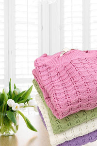 Crew Neck 100%Cotton Textured Crochet Knit Sweater: Pink * on sale
