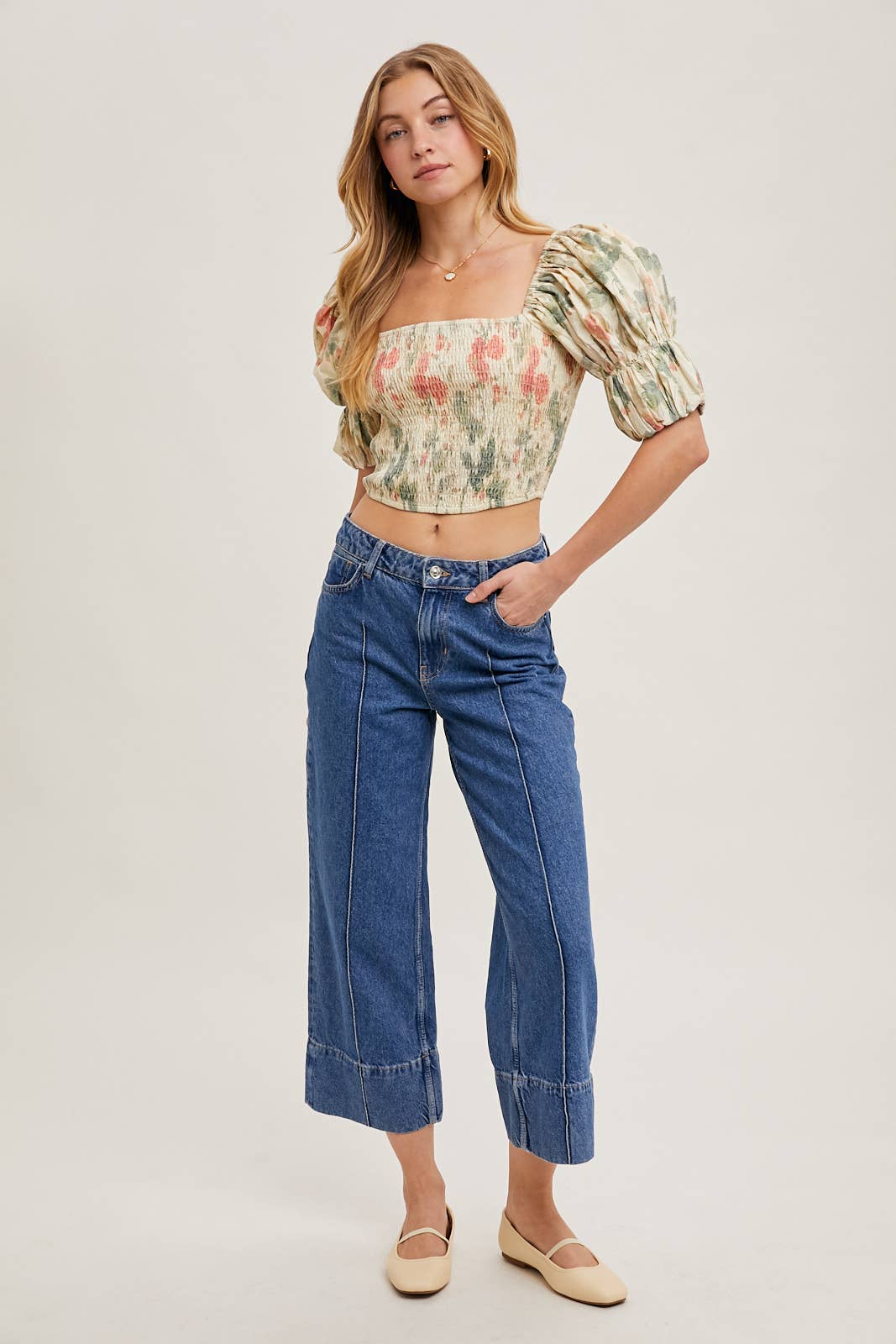 FLORAL PRINT SMOCKED PUFF SLEEVE CROSET TOP BLOUSE : VANILLA * on sale