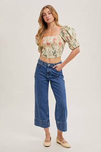 FLORAL PRINT SMOCKED PUFF SLEEVE CROSET TOP BLOUSE : VANILLA * on sale