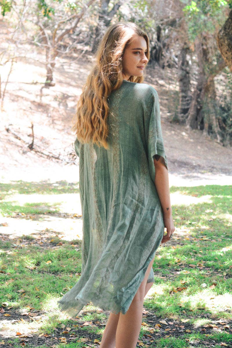 Woven Longline Tribal Kimono - Colorblock Design: Sage