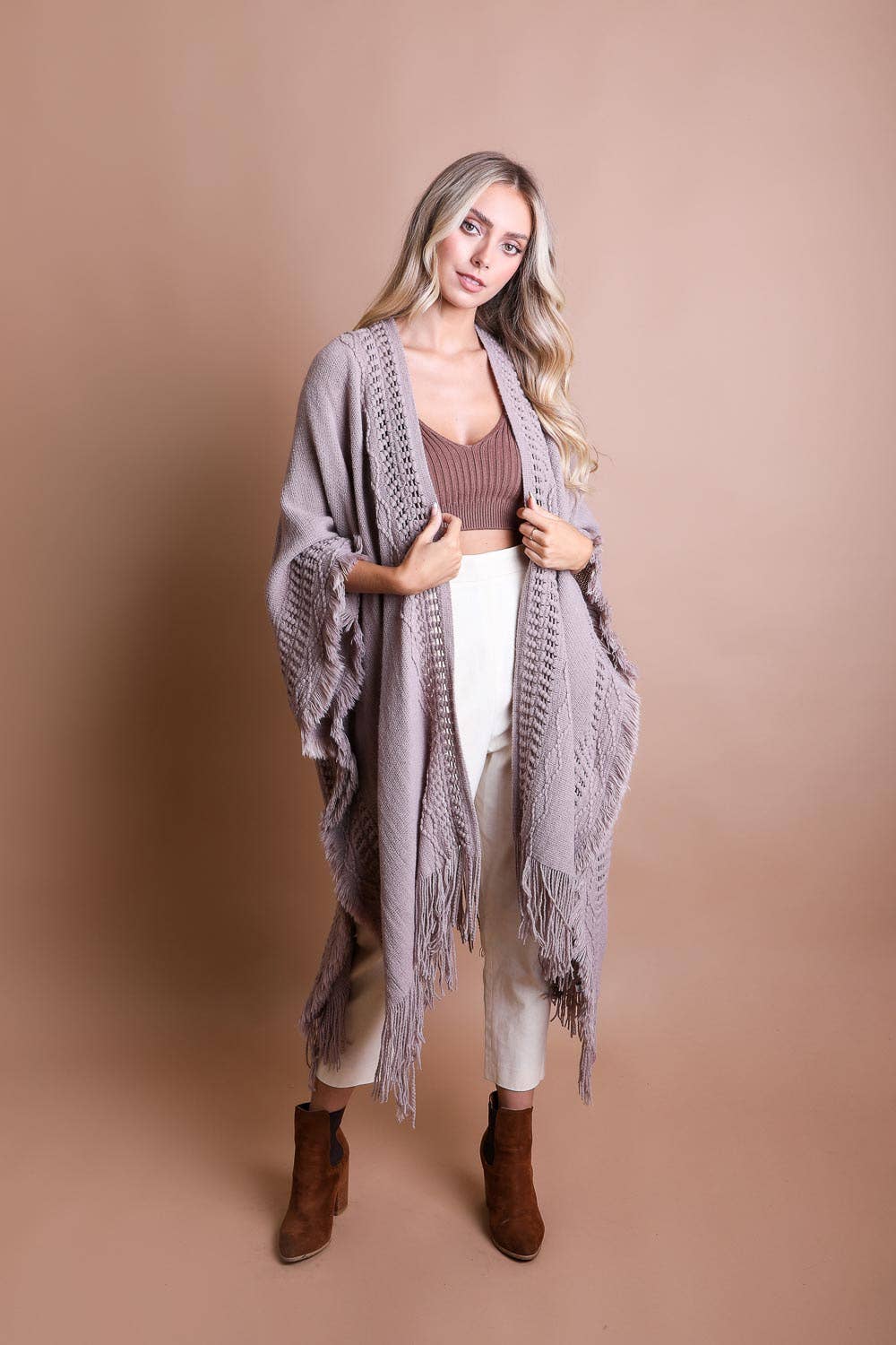 Open Work Frayed Border Bohemian Ruana Kimono : Lavender Gray * on sale