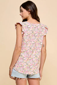 Floral Printed Blouse Top with Short Ruffled Sleeves: Apricot * on sale