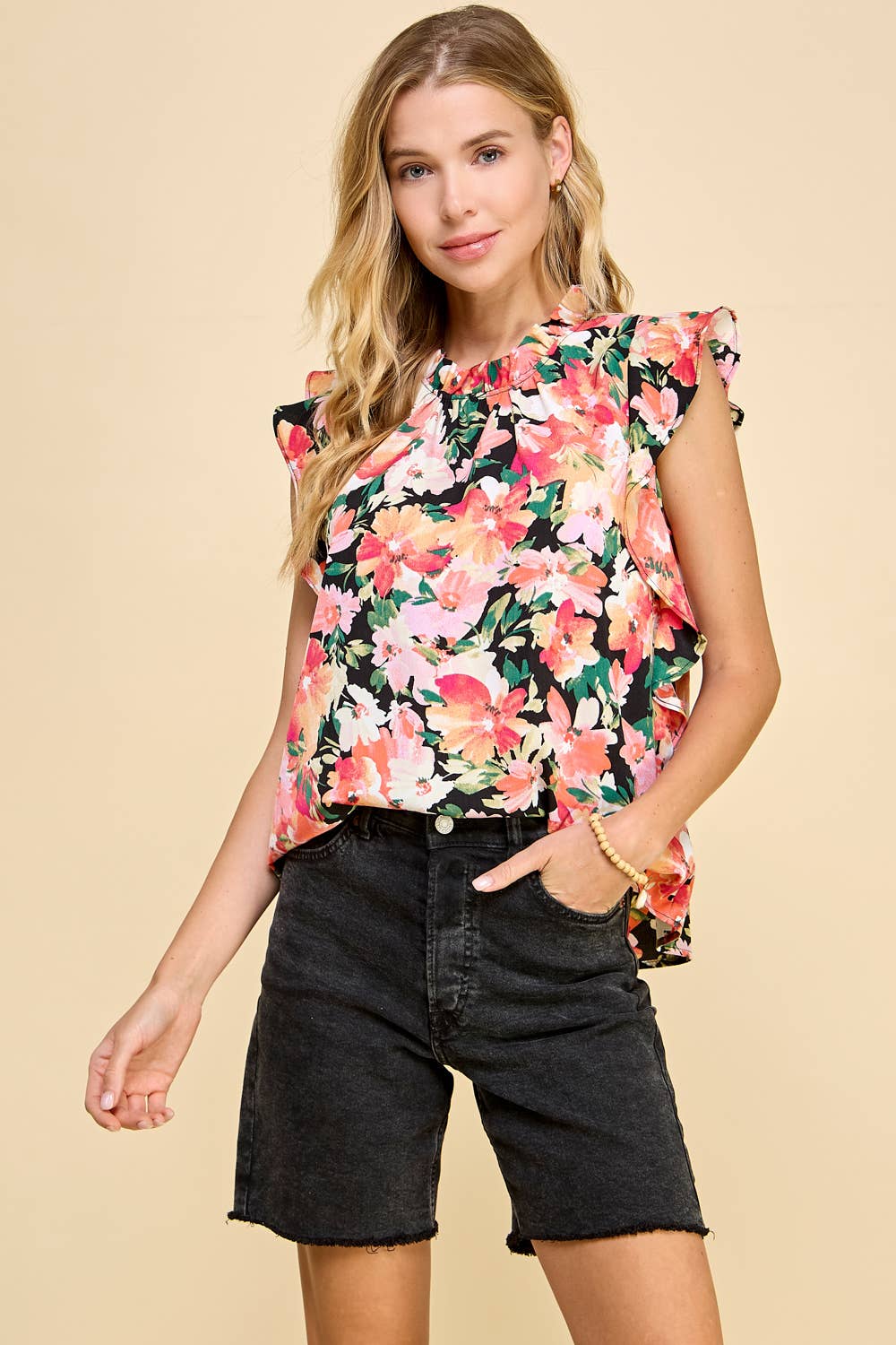 Floral Top with Ruffled Neck and Sleeves: Black Background Blouse * on sale