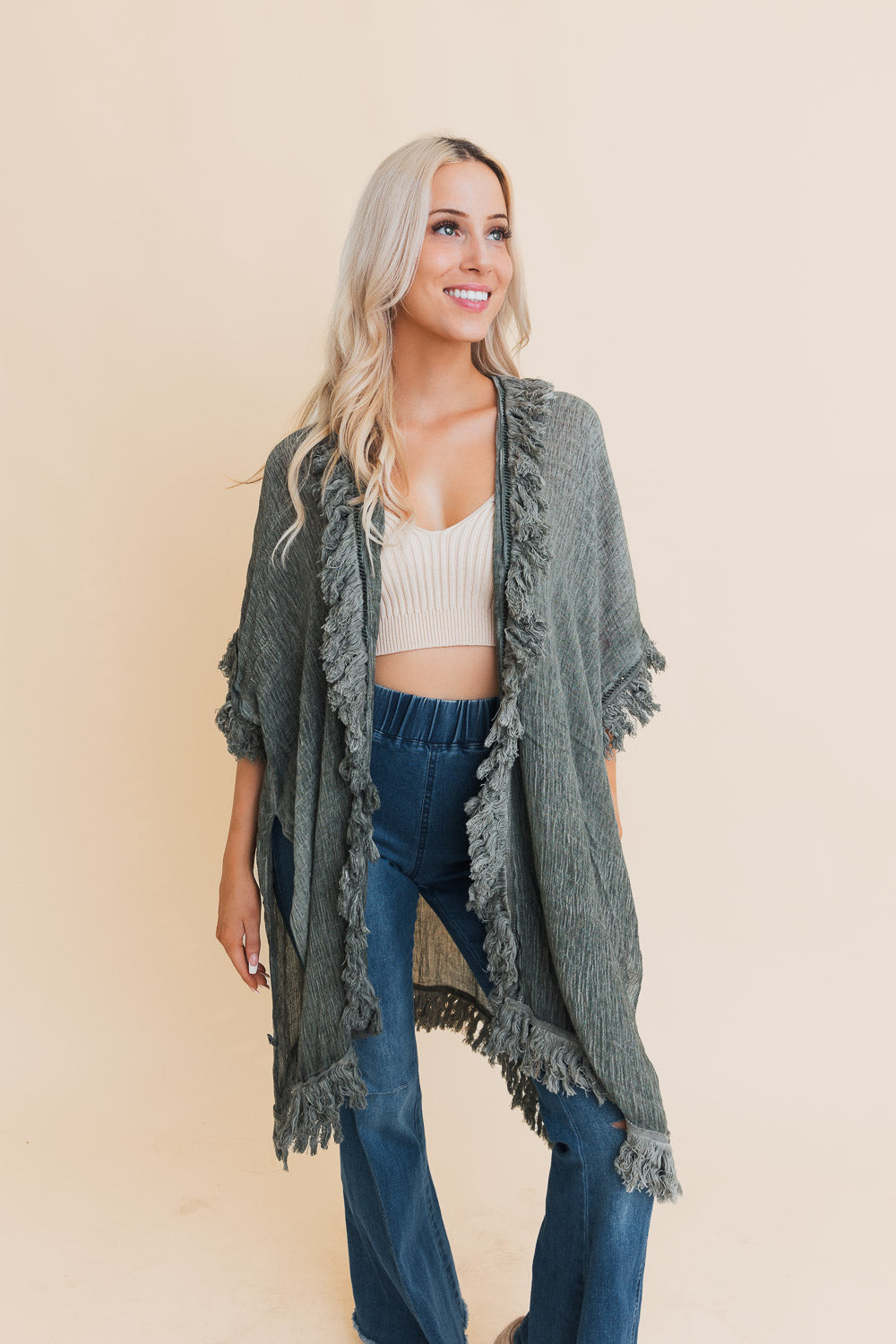 Boho Fringe Kimono in Sage * on sale