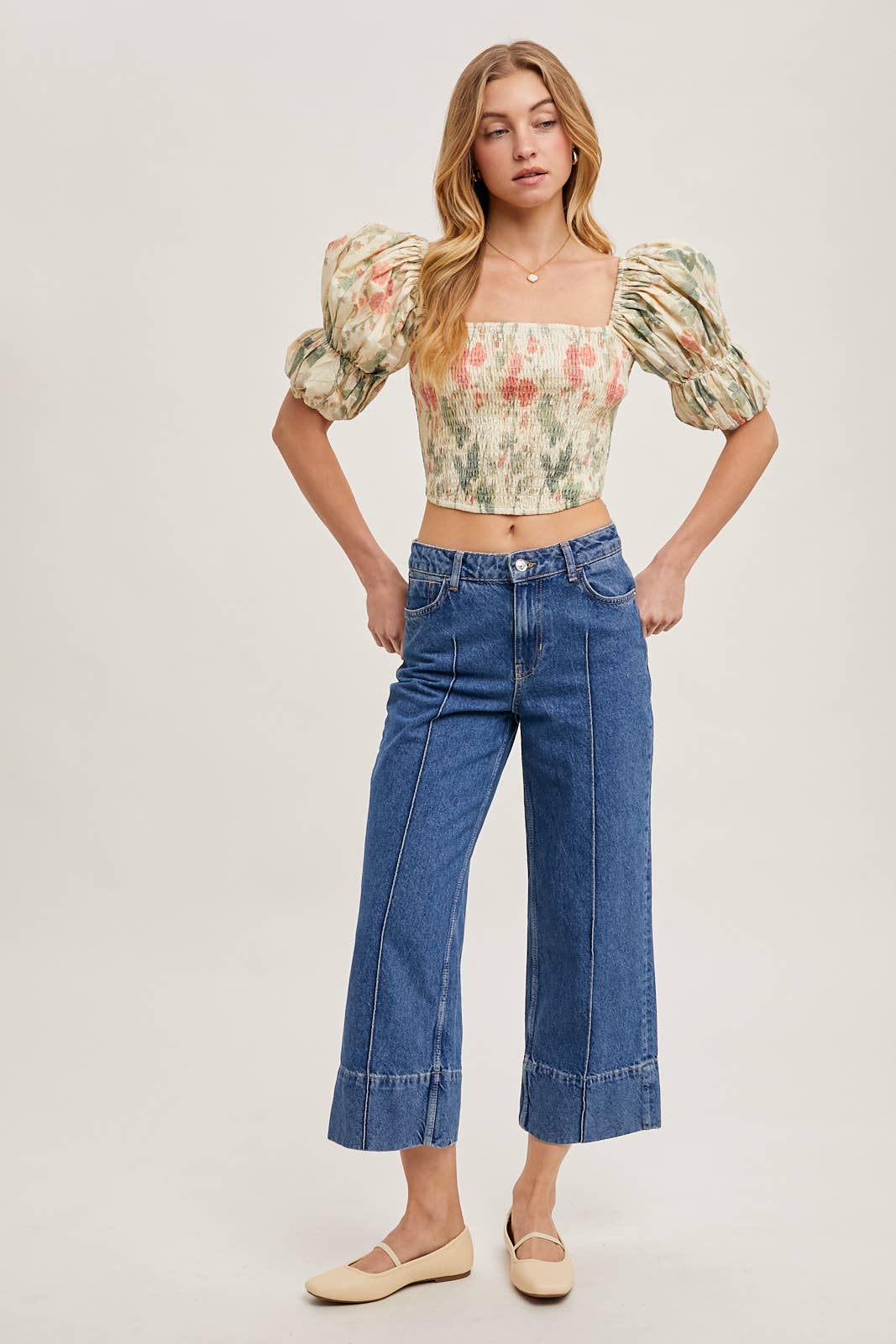 FLORAL PRINT SMOCKED PUFF SLEEVE CROSET TOP BLOUSE : VANILLA * on sale